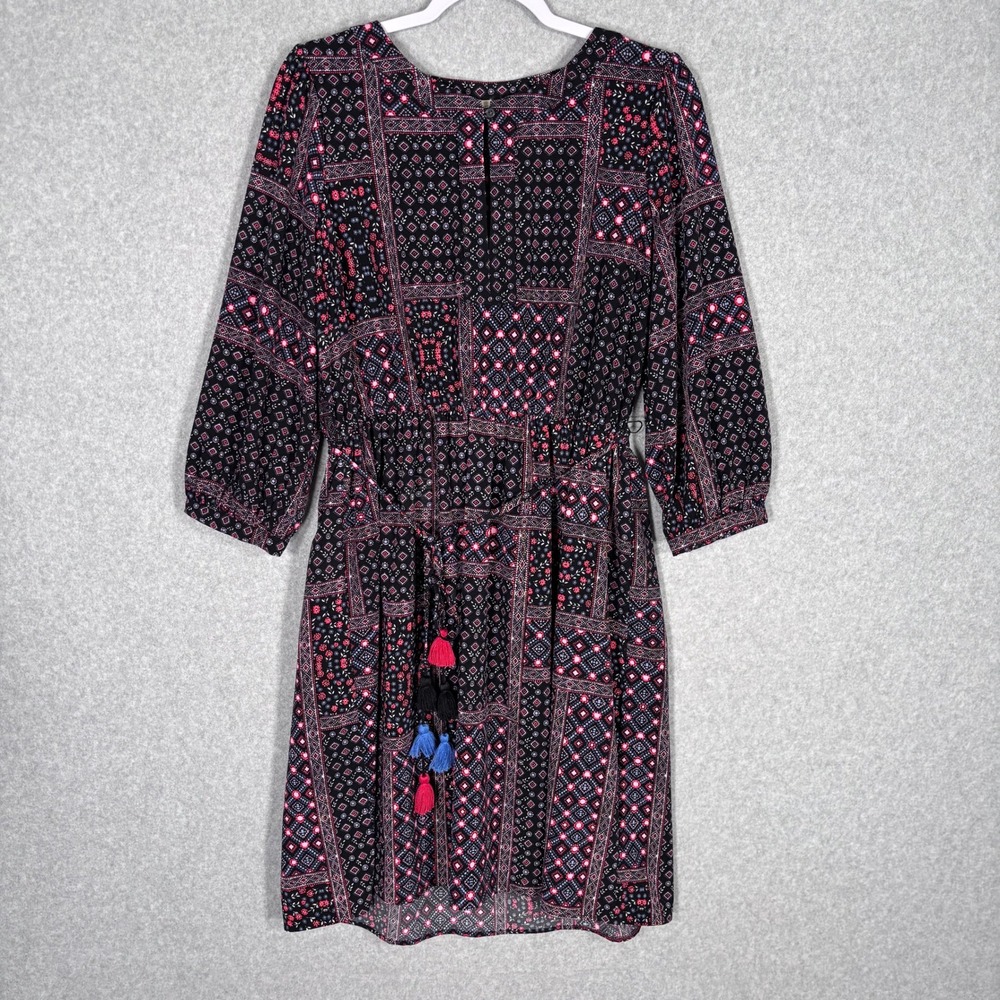 LOFT Patchwork Boho Peasant Tunic Dress Medium Black Tassel Tie Waist Western